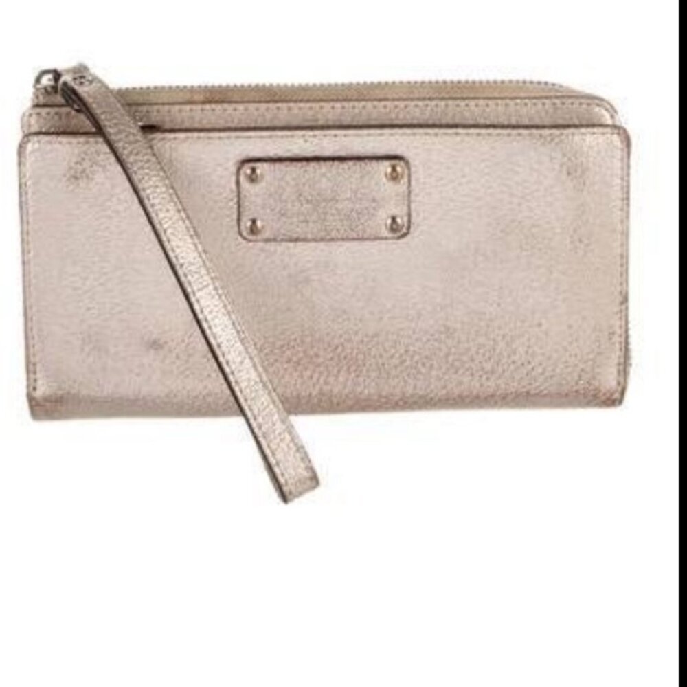 Kate Spade Rose Gold Large Wristlet Metallic Wallet Organizer Clutch Bag Zippy